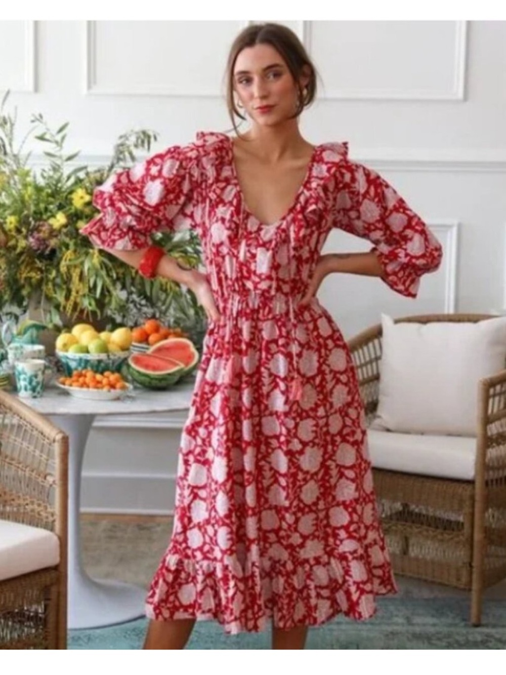 Millie Resort & Travel Red Zinnia Floral Midi Dress with Puff Sleeves Medium
